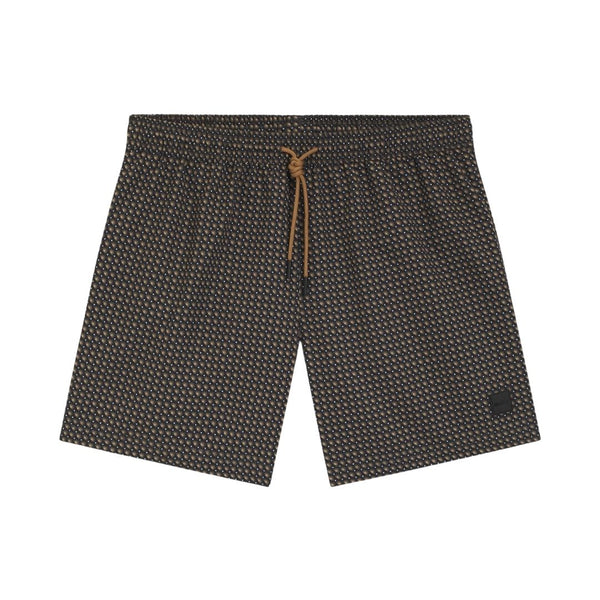 Boss Micro-Print Swim Shorts with Logo Badge - Black