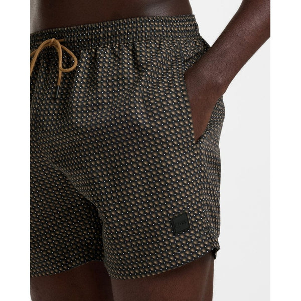 Boss Micro-Print Swim Shorts with Logo Badge - Black