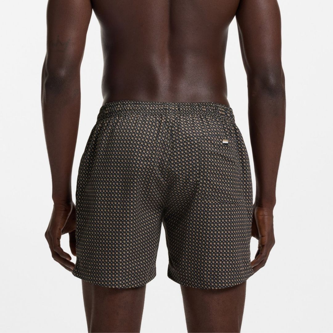 Boss Micro-Print Swim Shorts with Logo Badge - Black