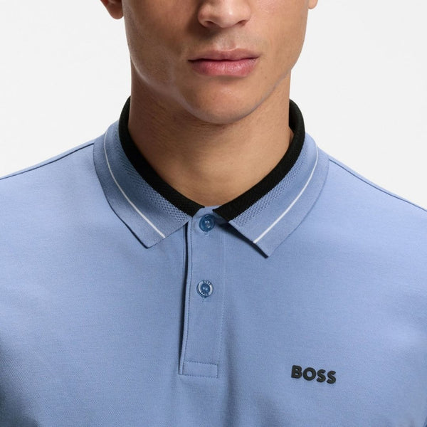 Boss Green Stripe Trim Polo Shirt in Stretch Cotton - Blue