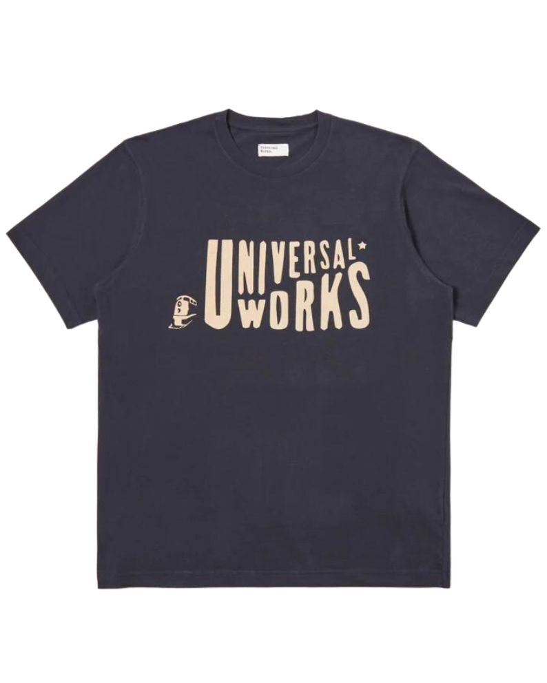 Universal Works Mystery Train Print Tee In Single Jersey - Navy