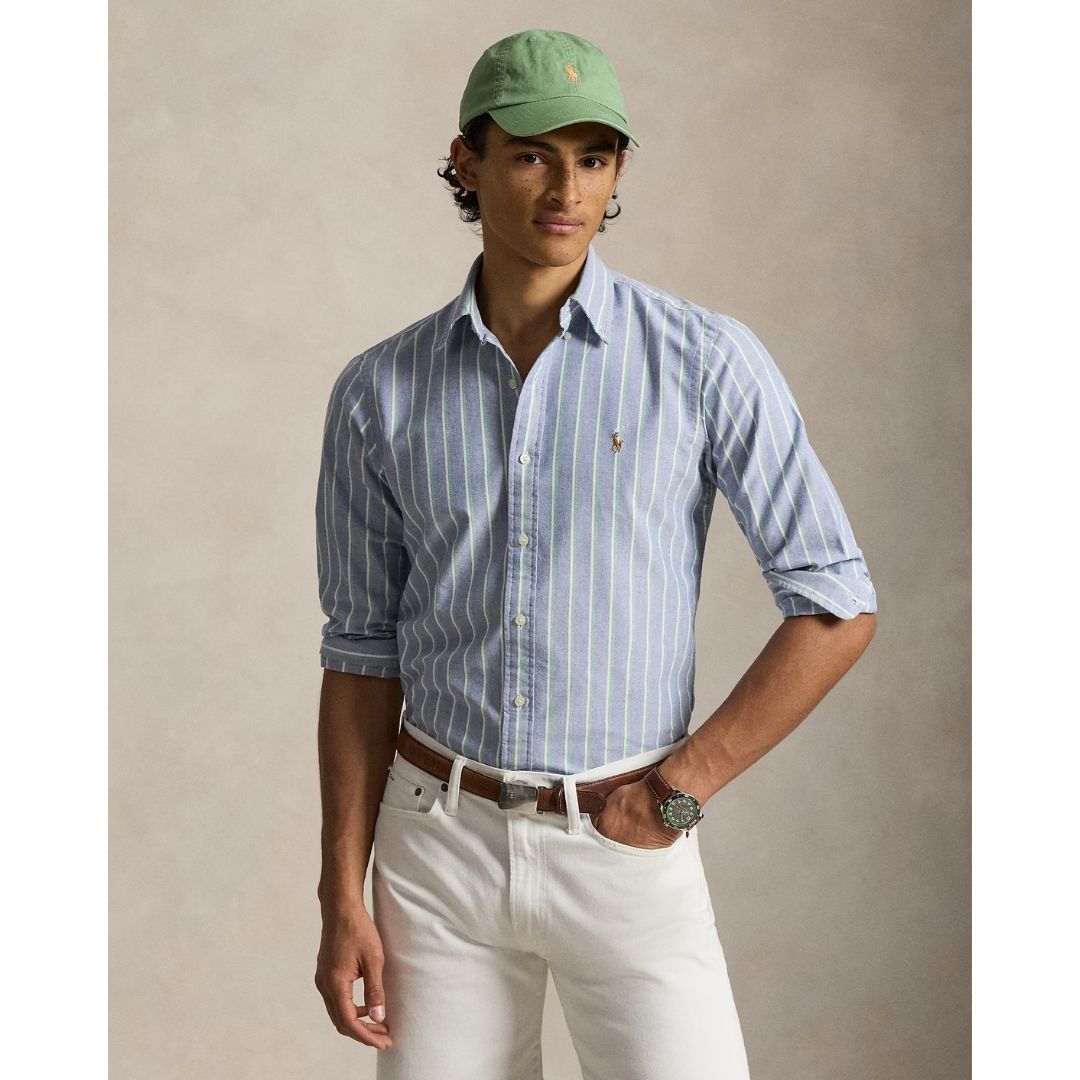 Polo Ralph Lauren Custom Fit Striped Oxford Shirt - Navy/Green Multi