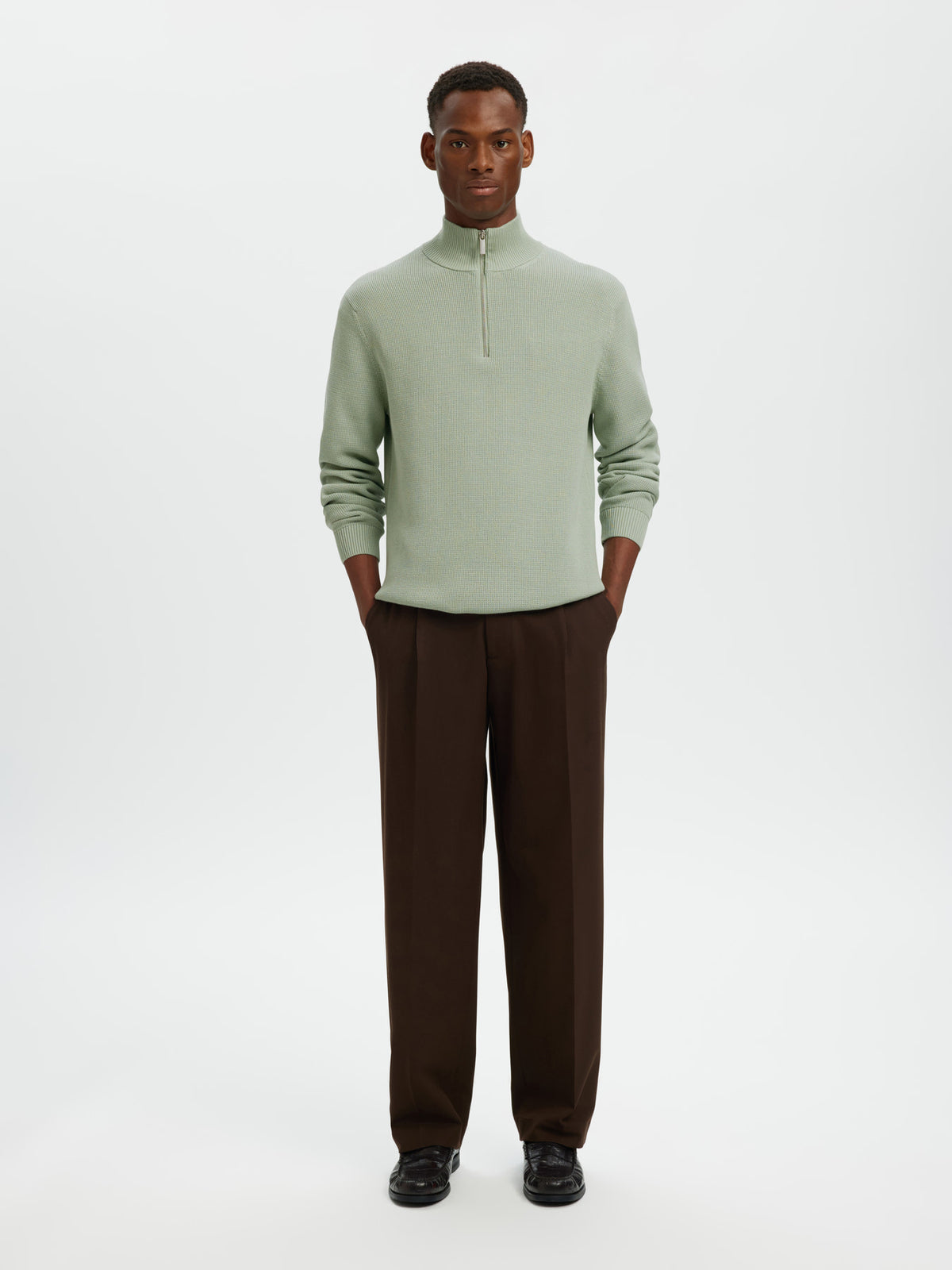 Selected Homme Dane LS Knit Structure Half Zip - Aqua Grey