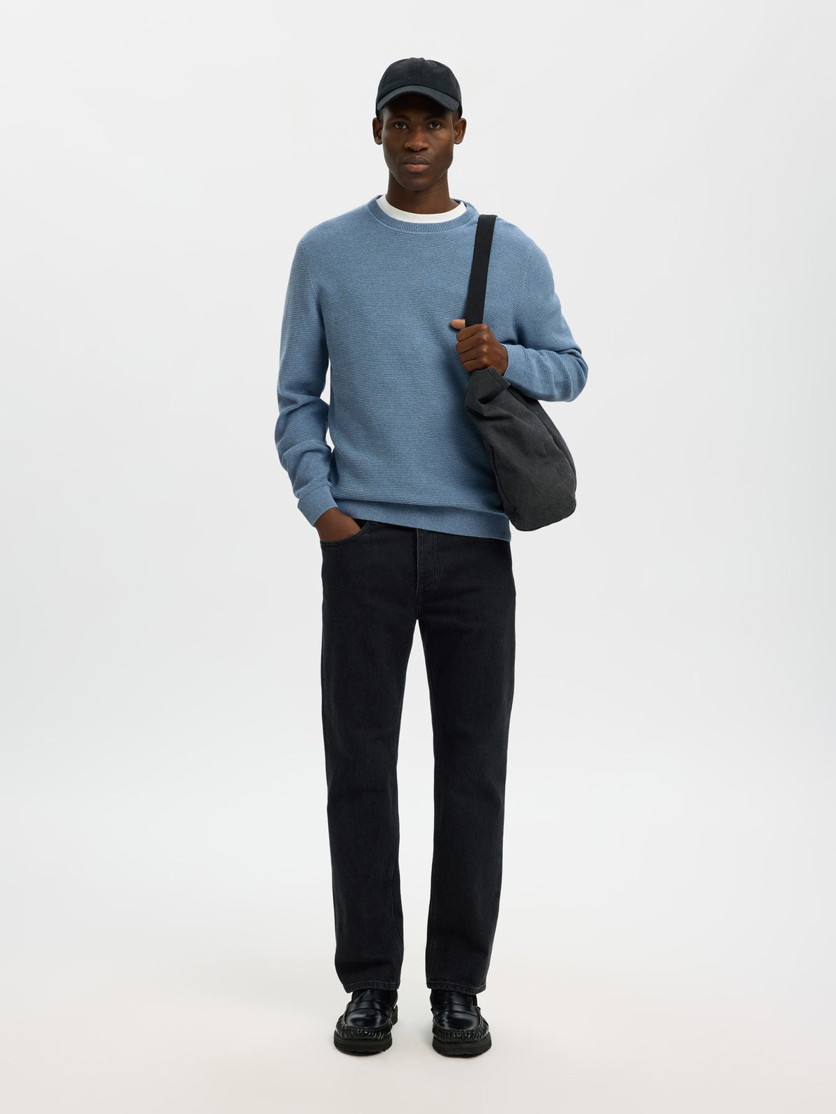 Selected Homme Ross LS Knit Structure Crew Neck - Mirage Blue