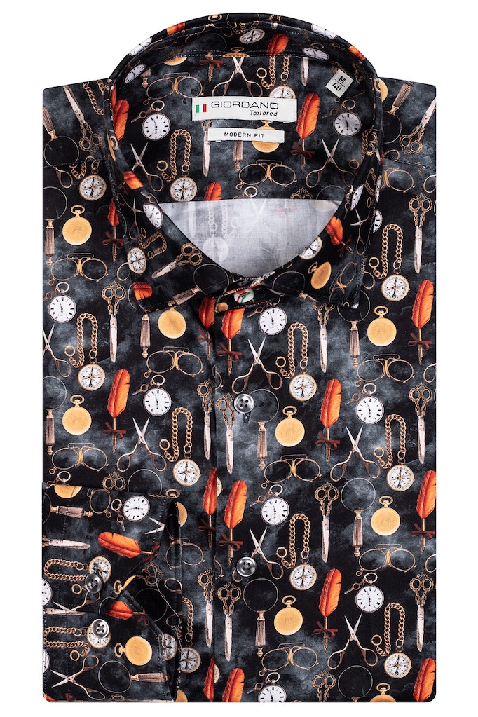 Giordano 'Maggiore' Watercolour Clock Print Shirt - Black
