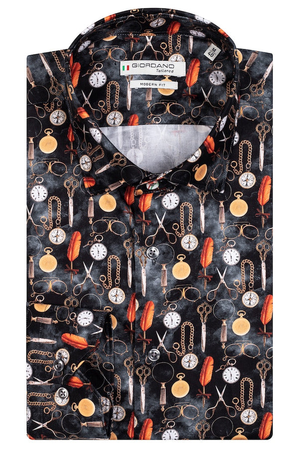 Giordano 'Maggiore' Watercolour Clock Print Shirt - Black