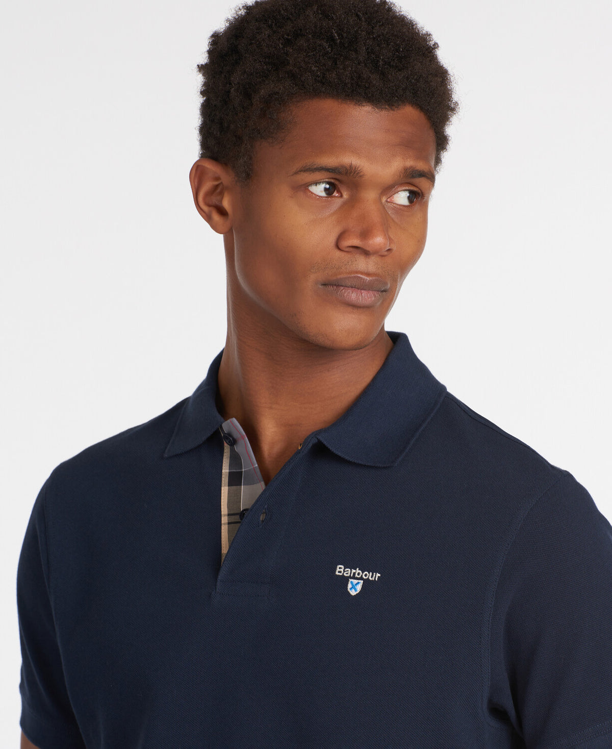 Barbour Tartan Placket Cotton Polo Shirt - Navy