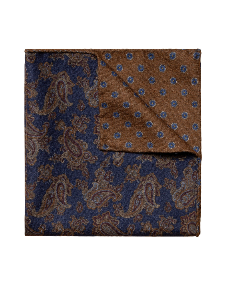 Eton Paisley Print / Floral Print Wool Pocket Square - Navy