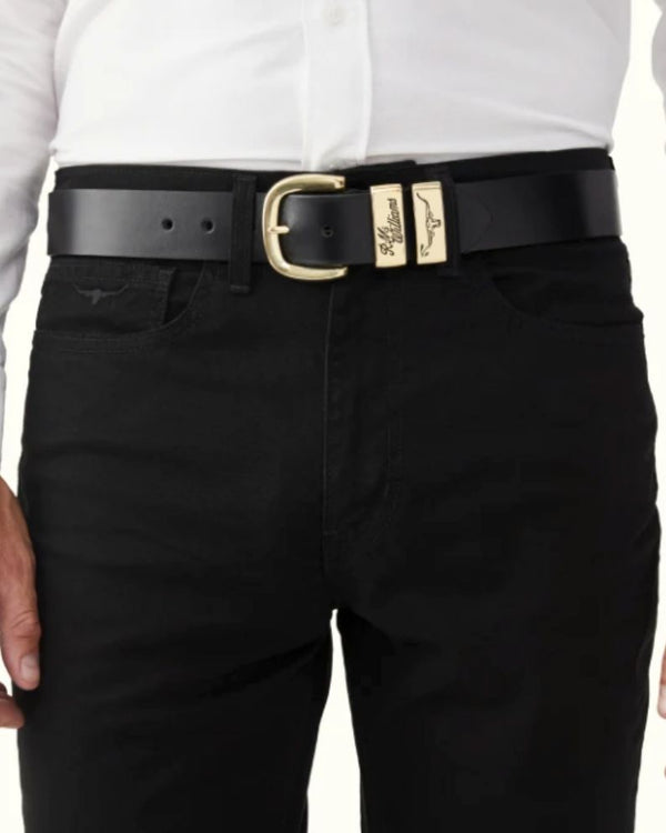 R.M. Williams 1 1/2" 3 Piece Solid Hide - Black (Gold Buckle)