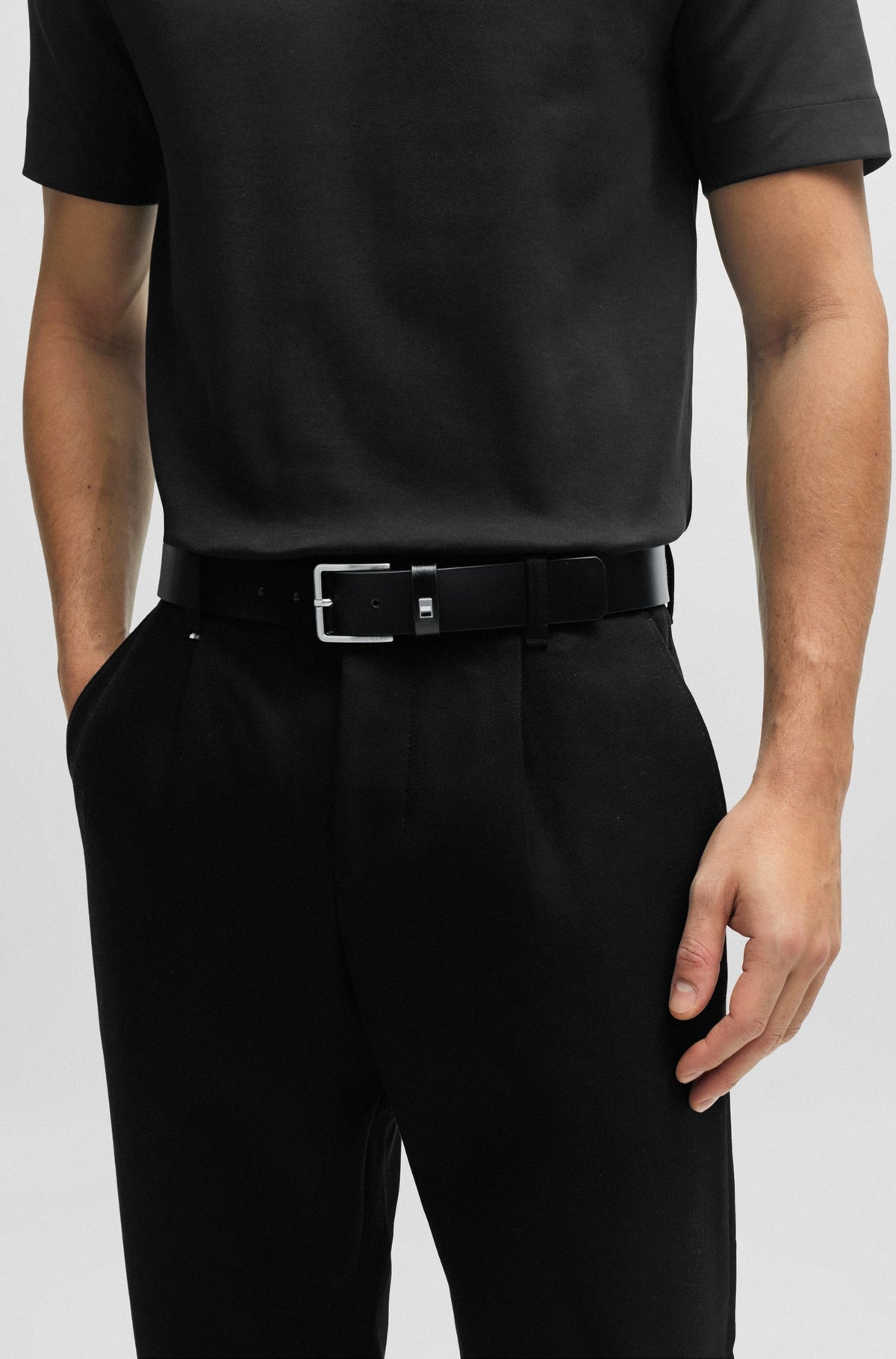 Boss Italian-Leather Belt with Signature-Stripe Keeper Trim - Black