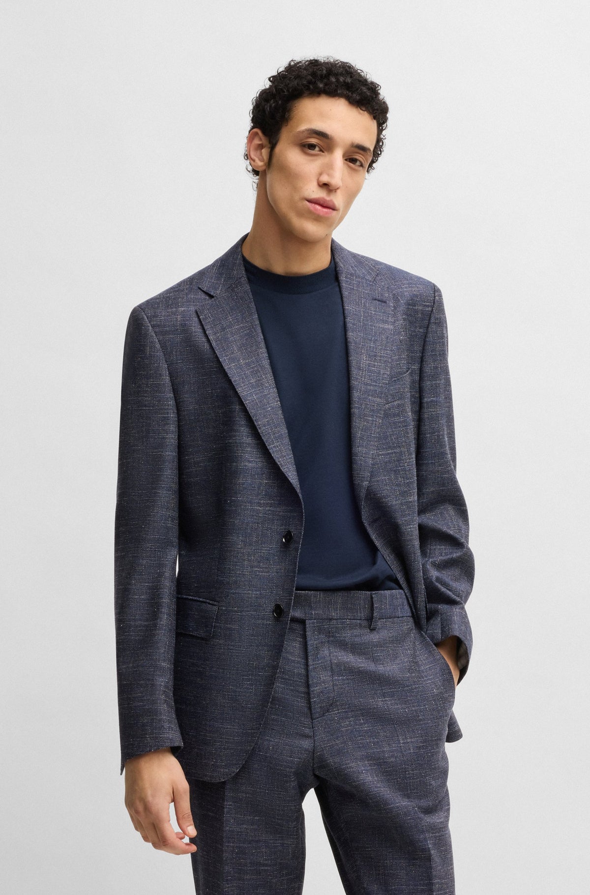 Boss Slim-fit suit jacket in patterned stretch fabric - Blue