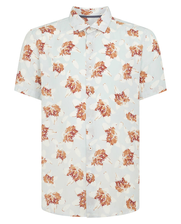 Remus Uomo Tapered Fit Leaf Print Shirt - Light Blue